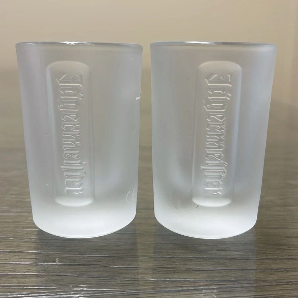Pair of Embossed Jagermeister Frosted Glass 1 fl. oz Shot Glasses Barware Bar